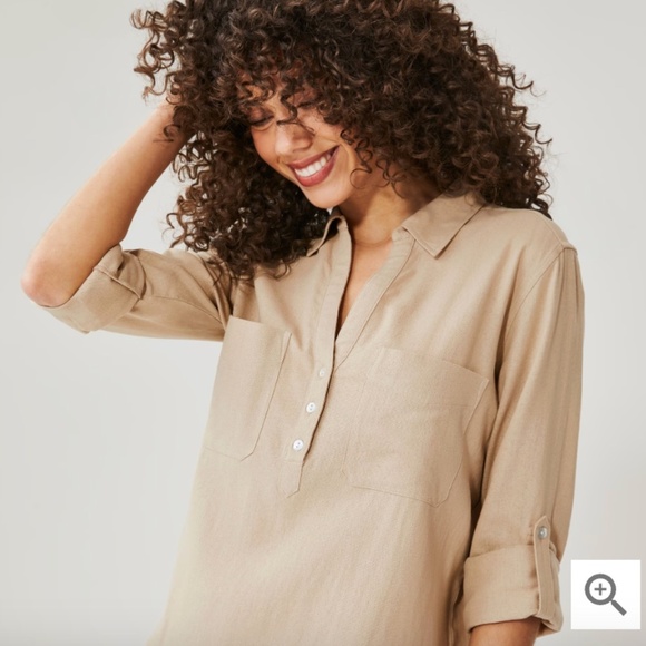 ELLEN TRACEY Beige Linen Blend Blouse / Top - Roll Sleeves, Placket Front - XXL - Picture 4 of 16